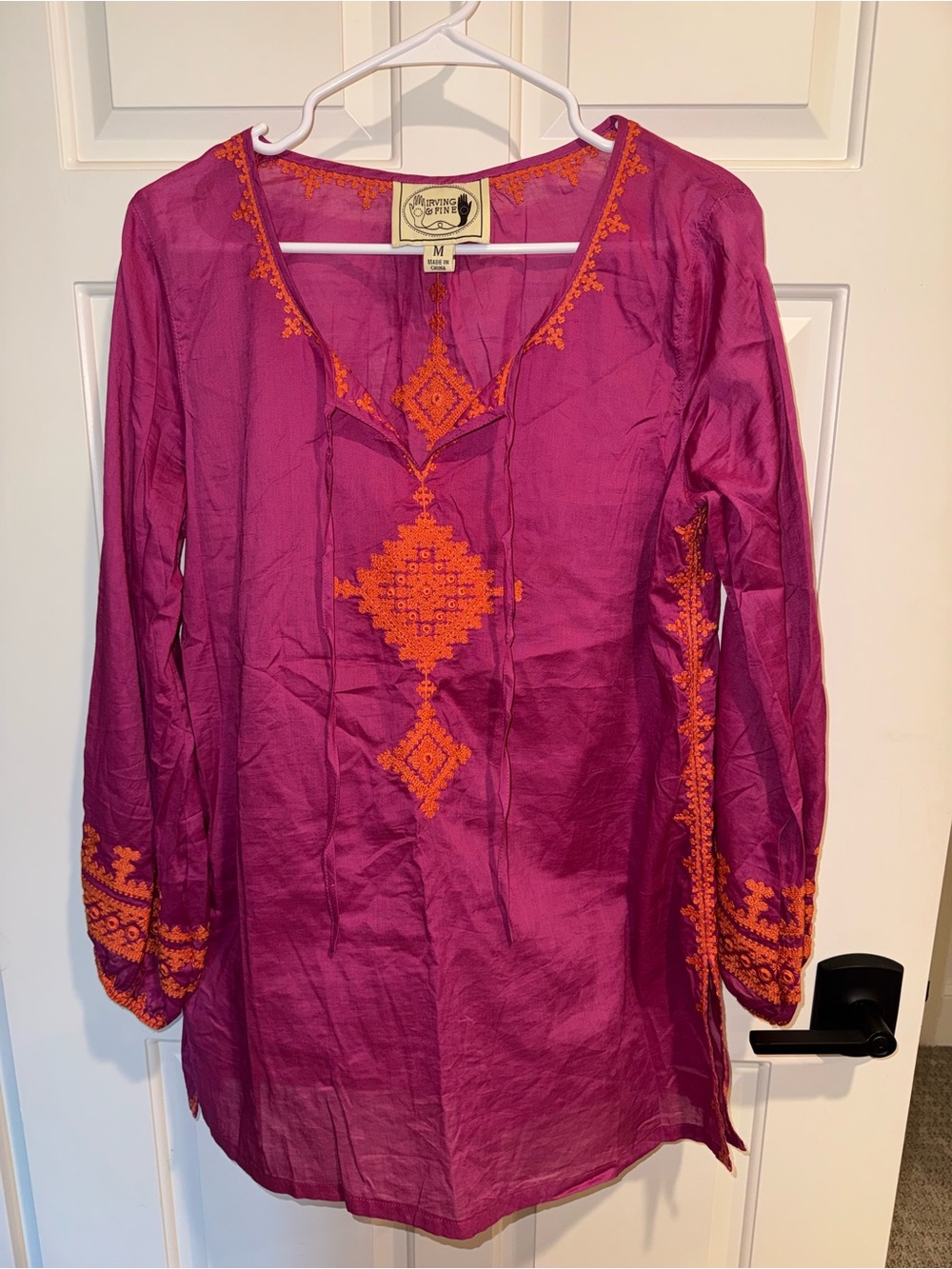 Embroidered V-Neck Swim Coverup Tunic - Magenta with Orange Detail